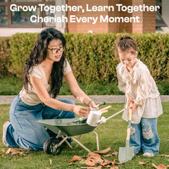 ROBUD Kids Wheelbarrow green-and-white design blends with yards and inspires independent cleanup.