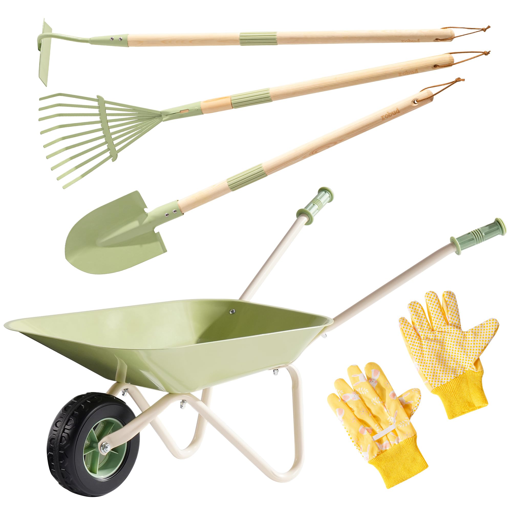 ROBUD Kids Wheelbarrow Set in green metal designed for durable outdoor play.