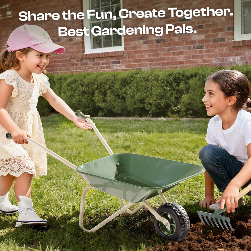 ROBUD Kids Wheelbarrow triangular stand increases stability for safe play on uneven ground.