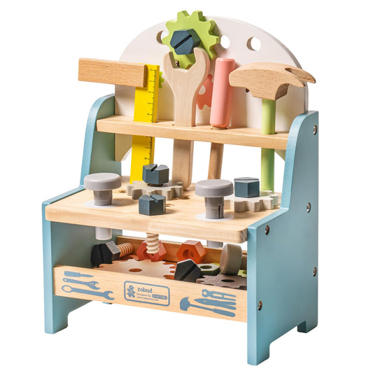 ROBUD mini wooden workbench front view with colorful tools for imaginative play.