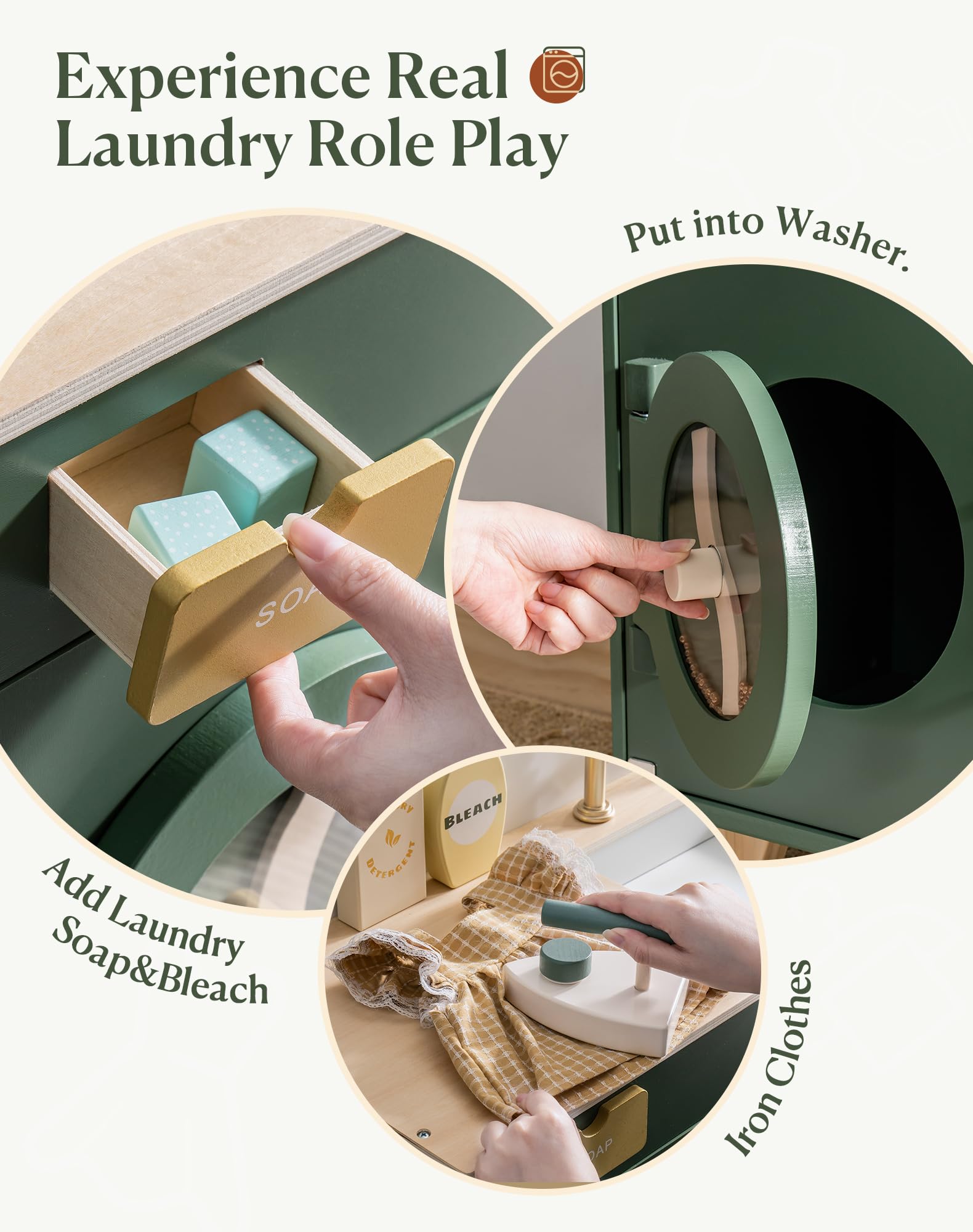 ROBUD accessory set with bleach bottle and detergent blocks creates realistic pretend laundry scenarios.