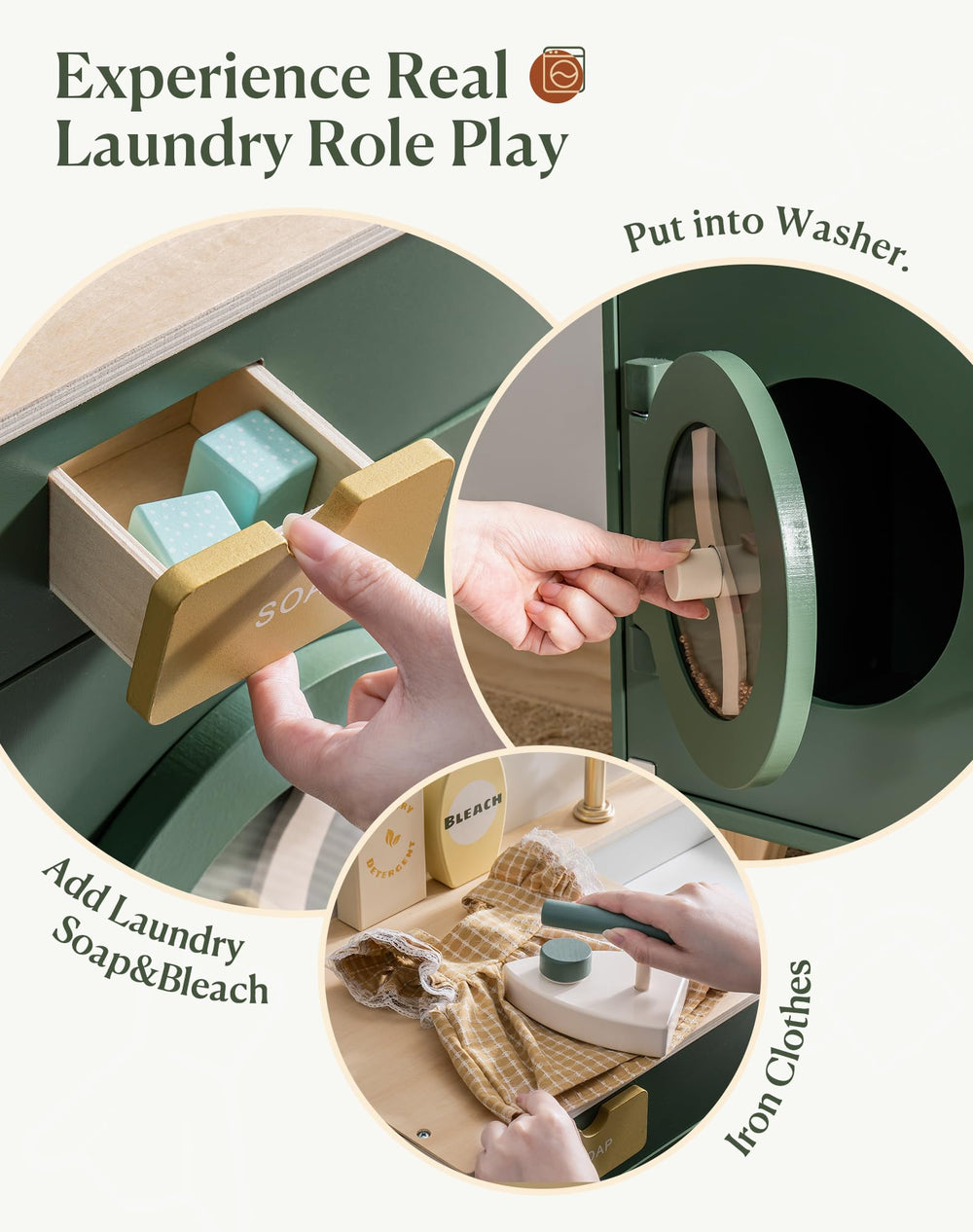 ROBUD accessory set with bleach bottle and detergent blocks creates realistic pretend laundry scenarios.