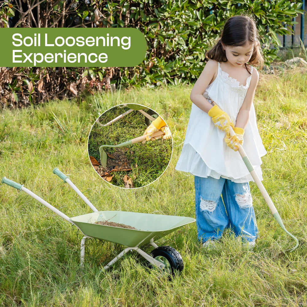 ROBUD wheelbarrow-tools broom image shows kid-friendly cleaning tools for mess-free play.