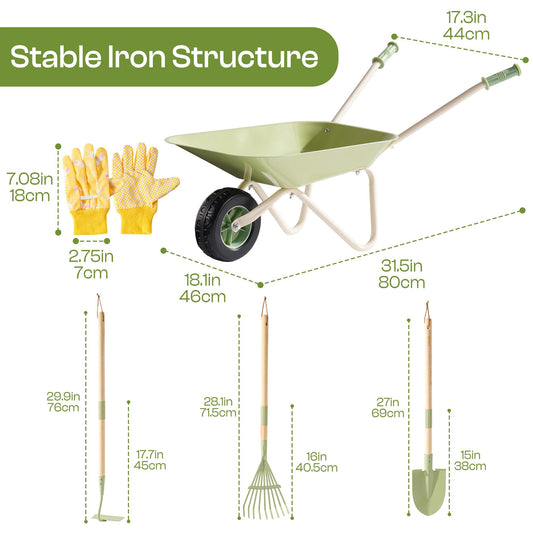 ROBUD wheelbarrow-tools close-up with shovel showcases sturdy construction for kids.