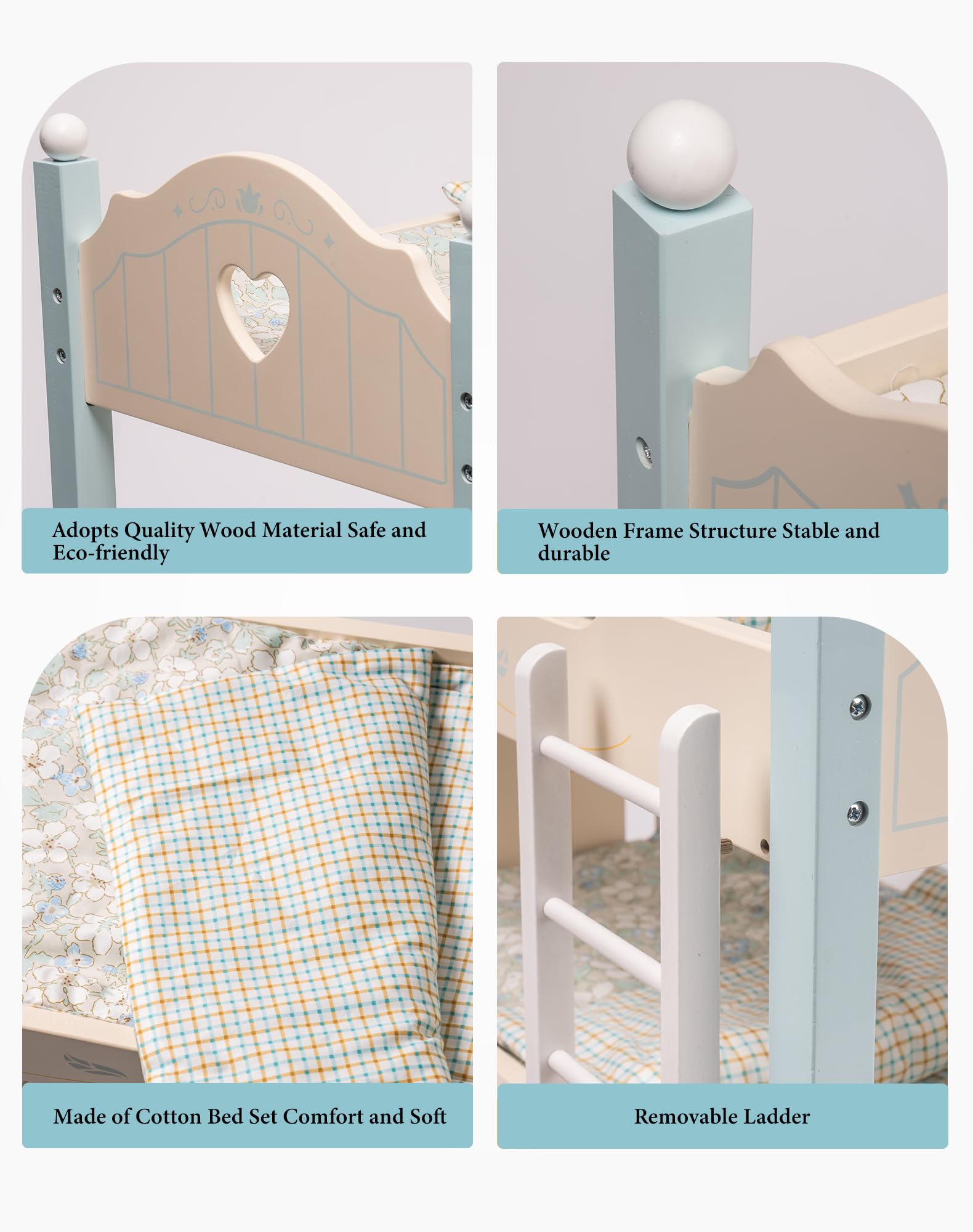 ROBUD blue doll bed with tulle creates a whimsical sleepover scene.