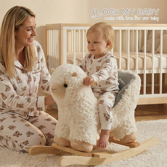 Rock My Baby cream llama rocker with ergonomic seat for comfortable, secure play.