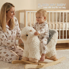 Rock My Baby cream llama rocker with ergonomic seat for comfortable, secure play.