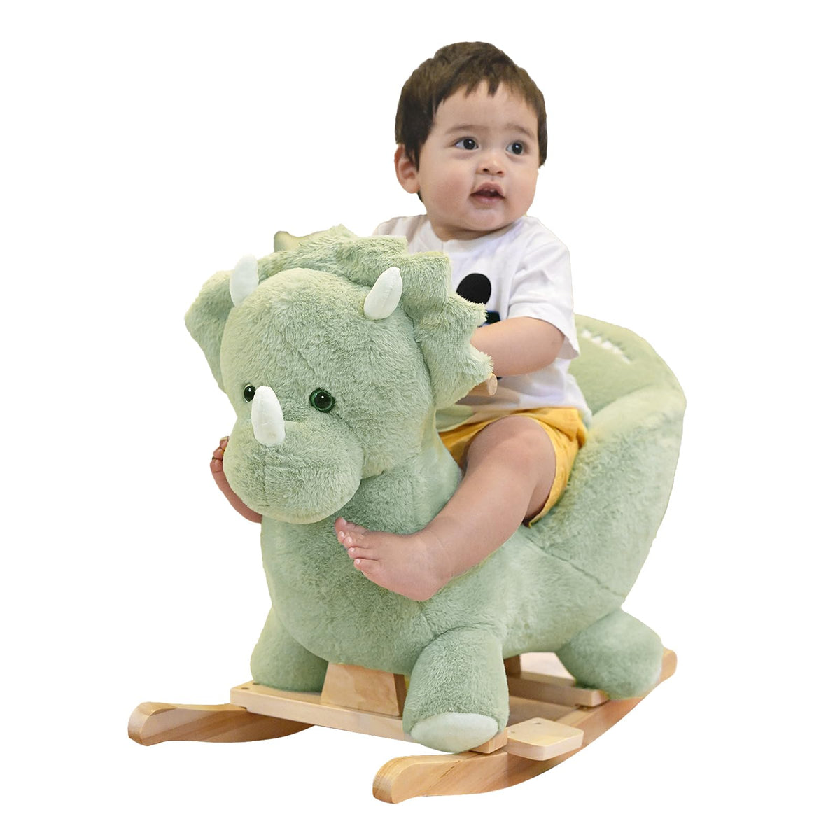 Rock My Baby green dinosaur rocking horse seen from front with soft fabric and safe design.