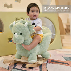 Lullaby ears on Rock My Baby green dinosaur rocker emit soothing tunes for toddlers.