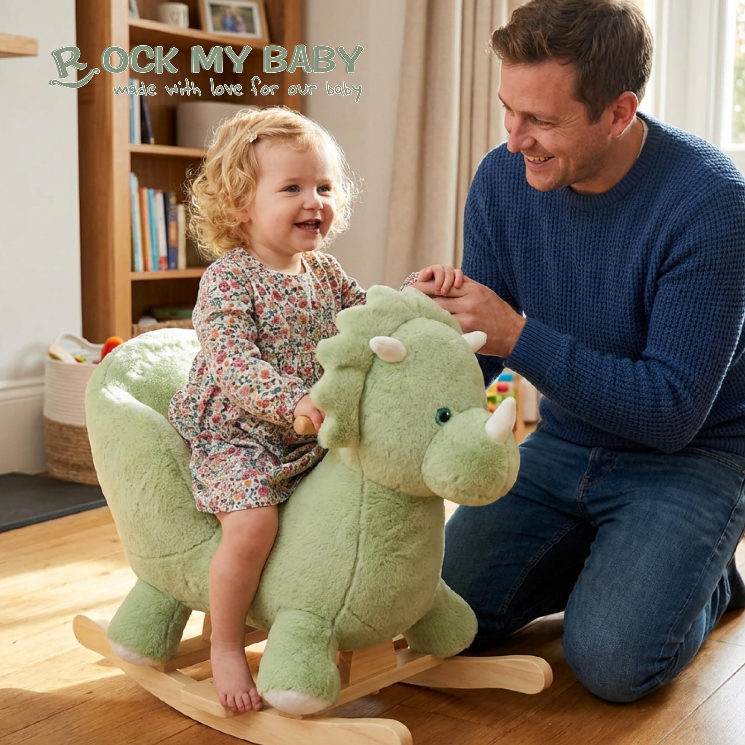 Rock My Baby green dinosaur rocking horse side view highlighting wood rails and solid frame.