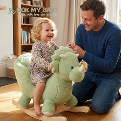 Rock My Baby green dinosaur rocking horse side view highlighting wood rails and solid frame.