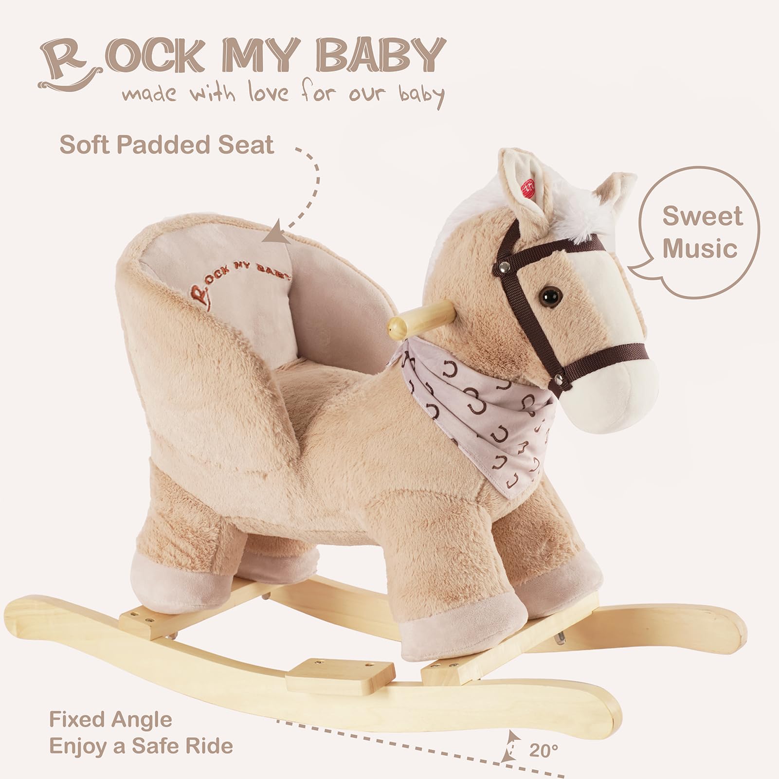 Rock My Baby caramel horse in child-ride pose shows safe, cooperative play.