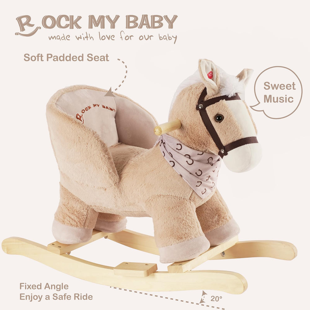 Rock My Baby caramel horse in child-ride pose shows safe, cooperative play.