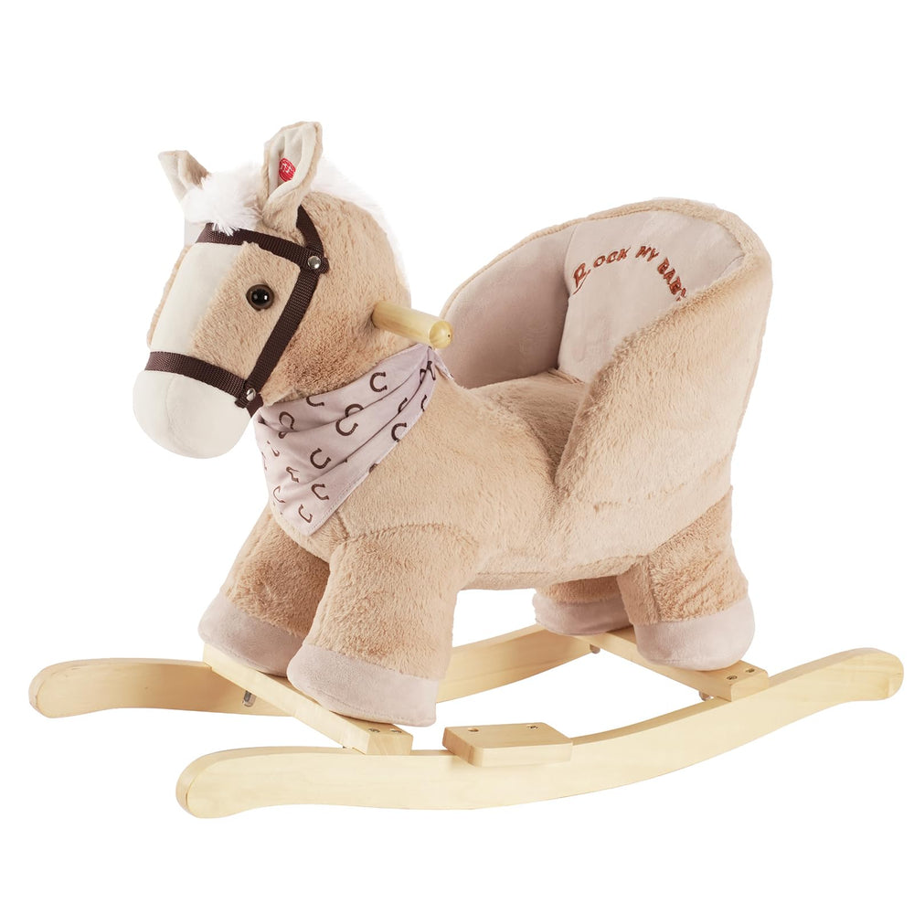 Rock My Baby rocking horse caramel seat provides secure, comfy play for toddlers.
