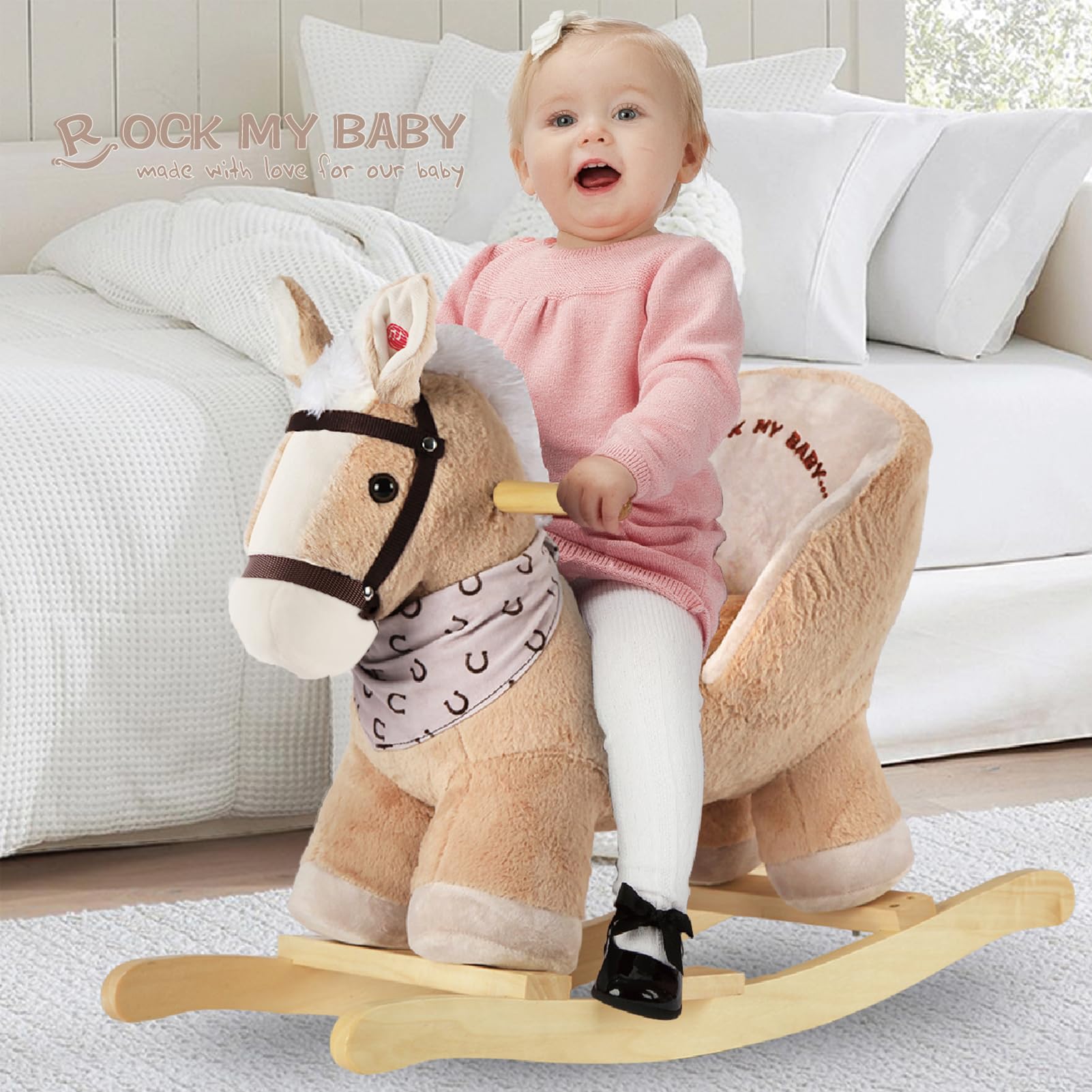 Rock My Baby caramel-wood rails ensure sturdy support during safe rocking.