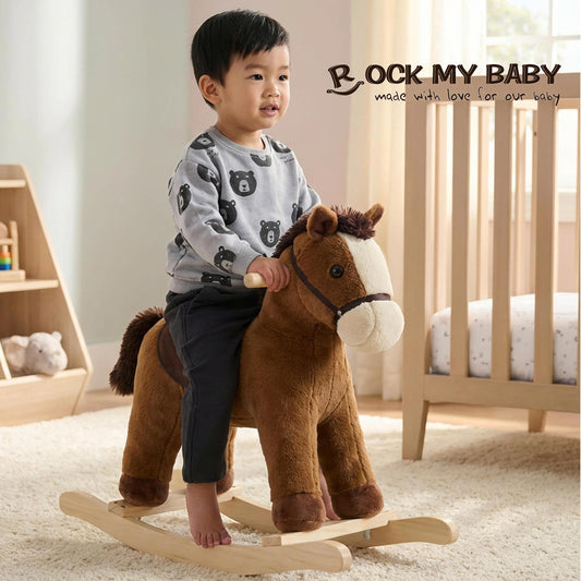 Rock My Baby ergonomic suede saddle for comfortable toddler rides.