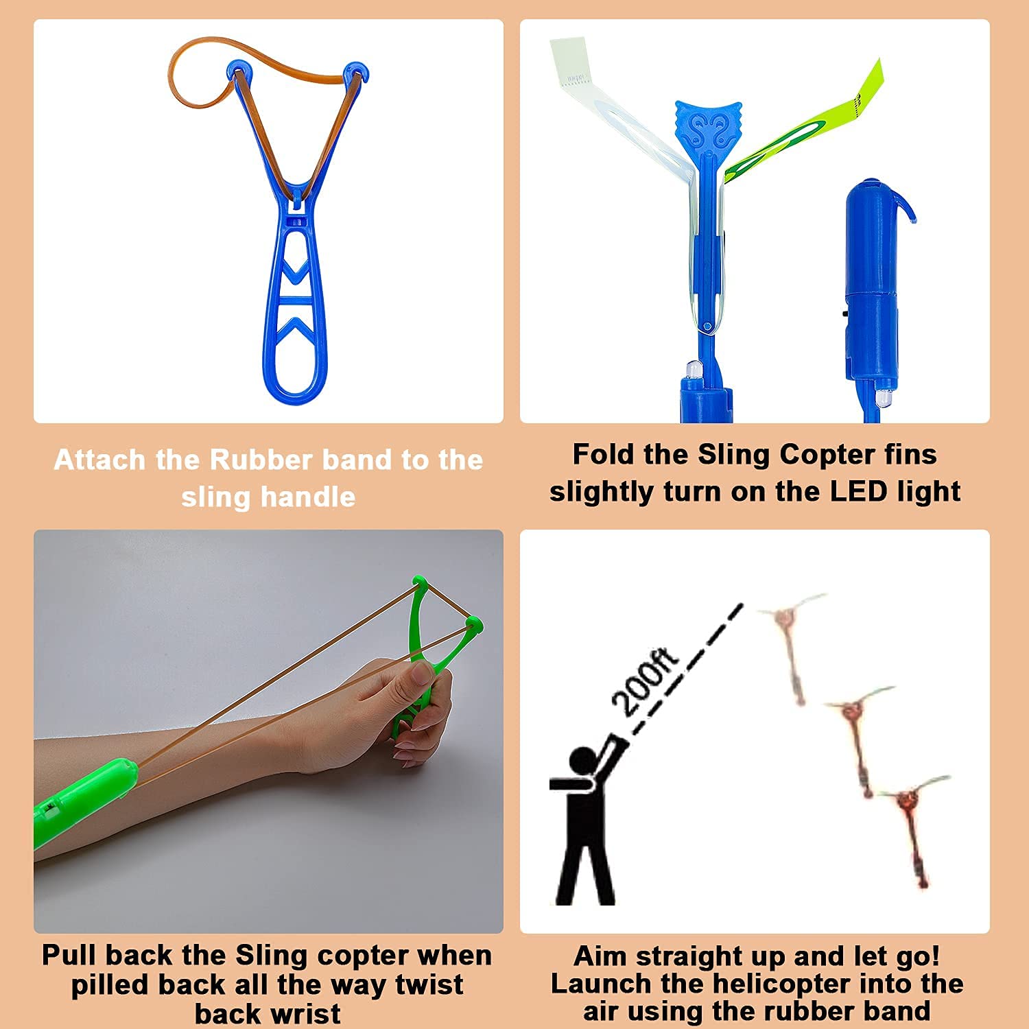 Kit includes six helicopters and three launchers for group play.