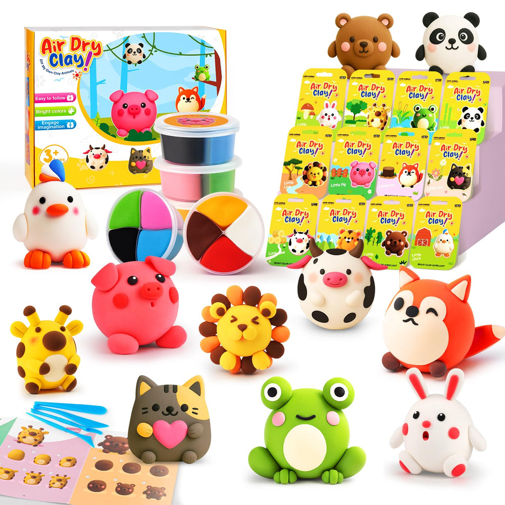 Roewioka air dry clay 12 animal boxes with vibrant colors for creative kids' projects.