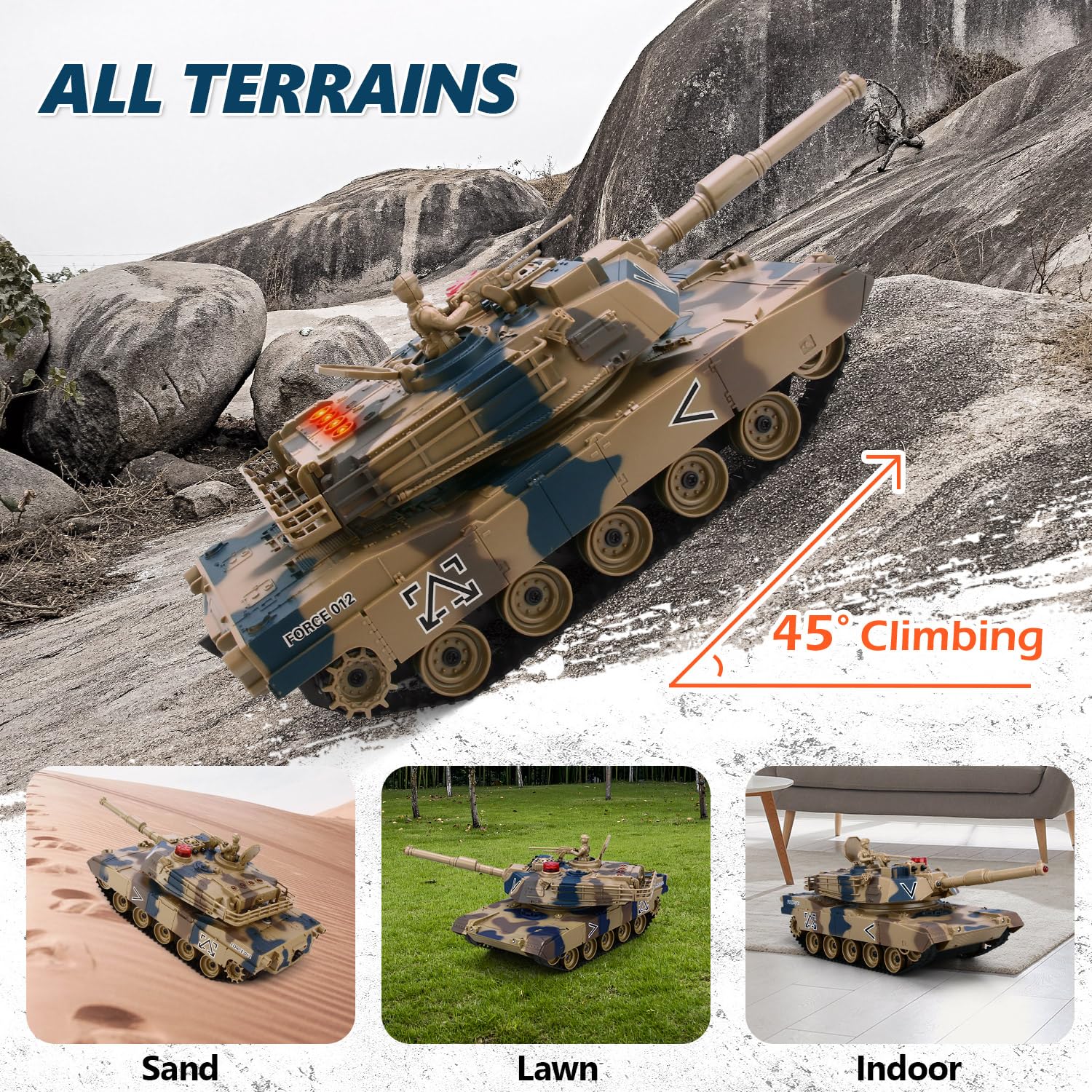 ROGALALY RC Tank Set climbs slopes up to 45 degrees.