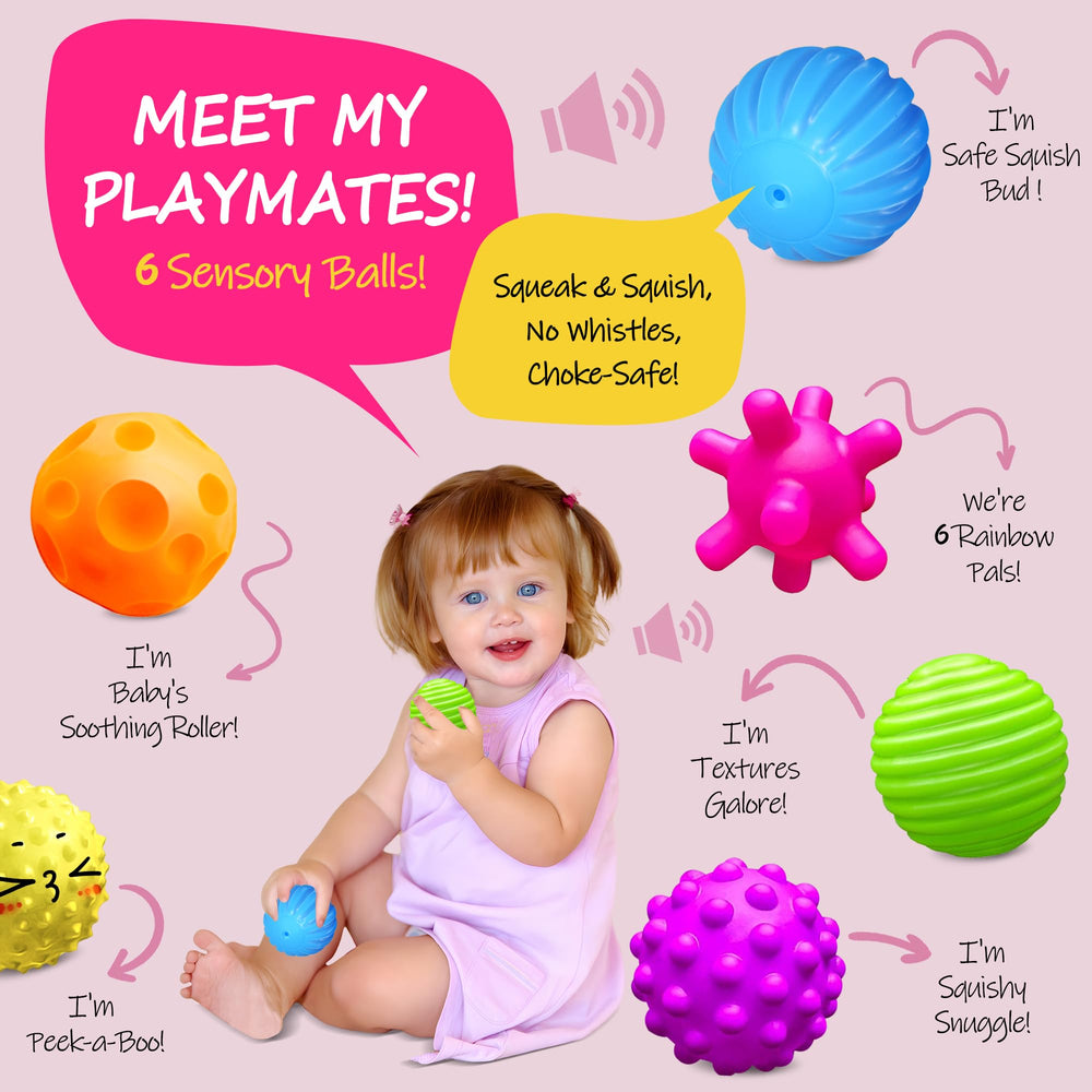 ROHSCE sensory ball set in hand to support grasping and fine motor development.
