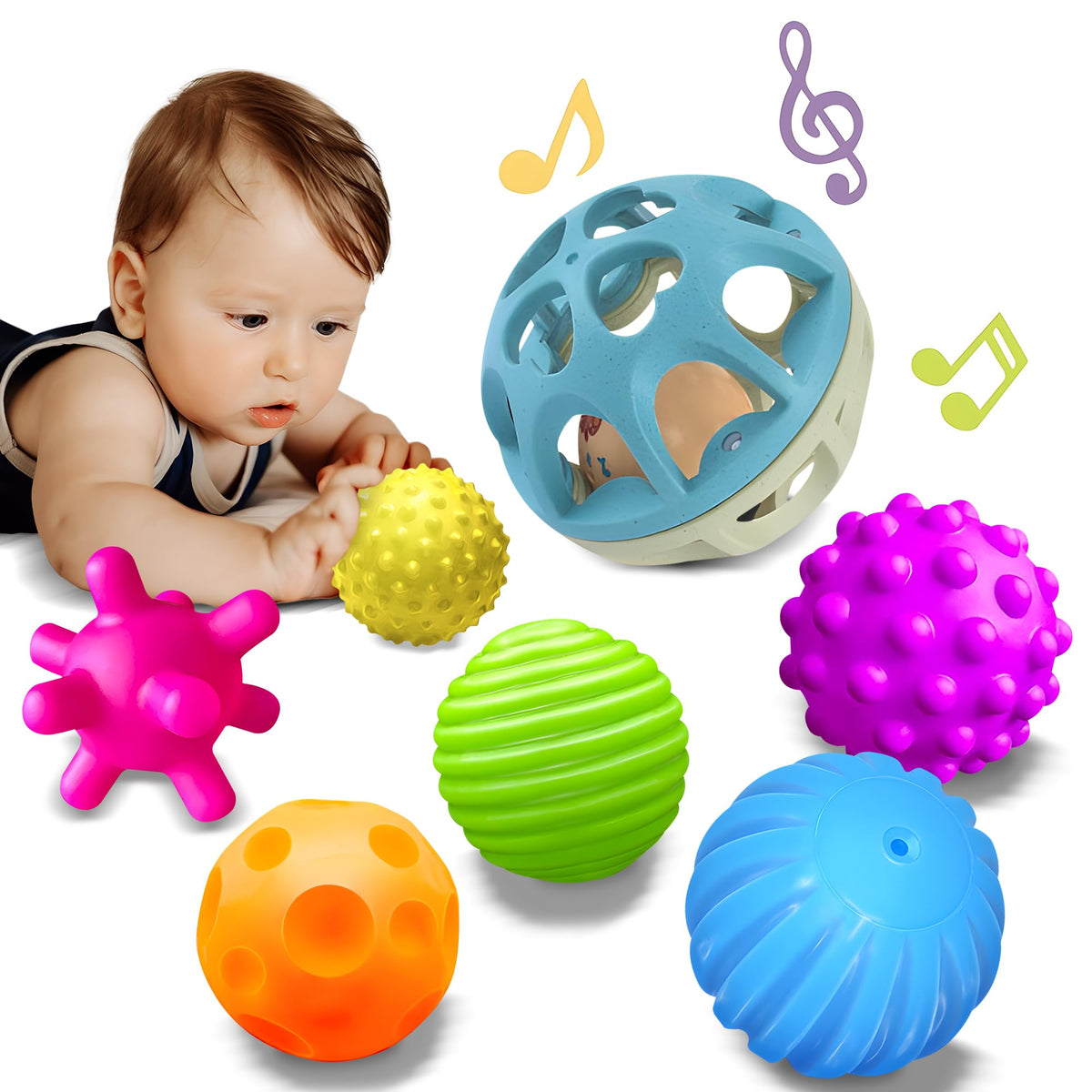 ROHSCE sensory balls with textured surfaces for tactile exploration.