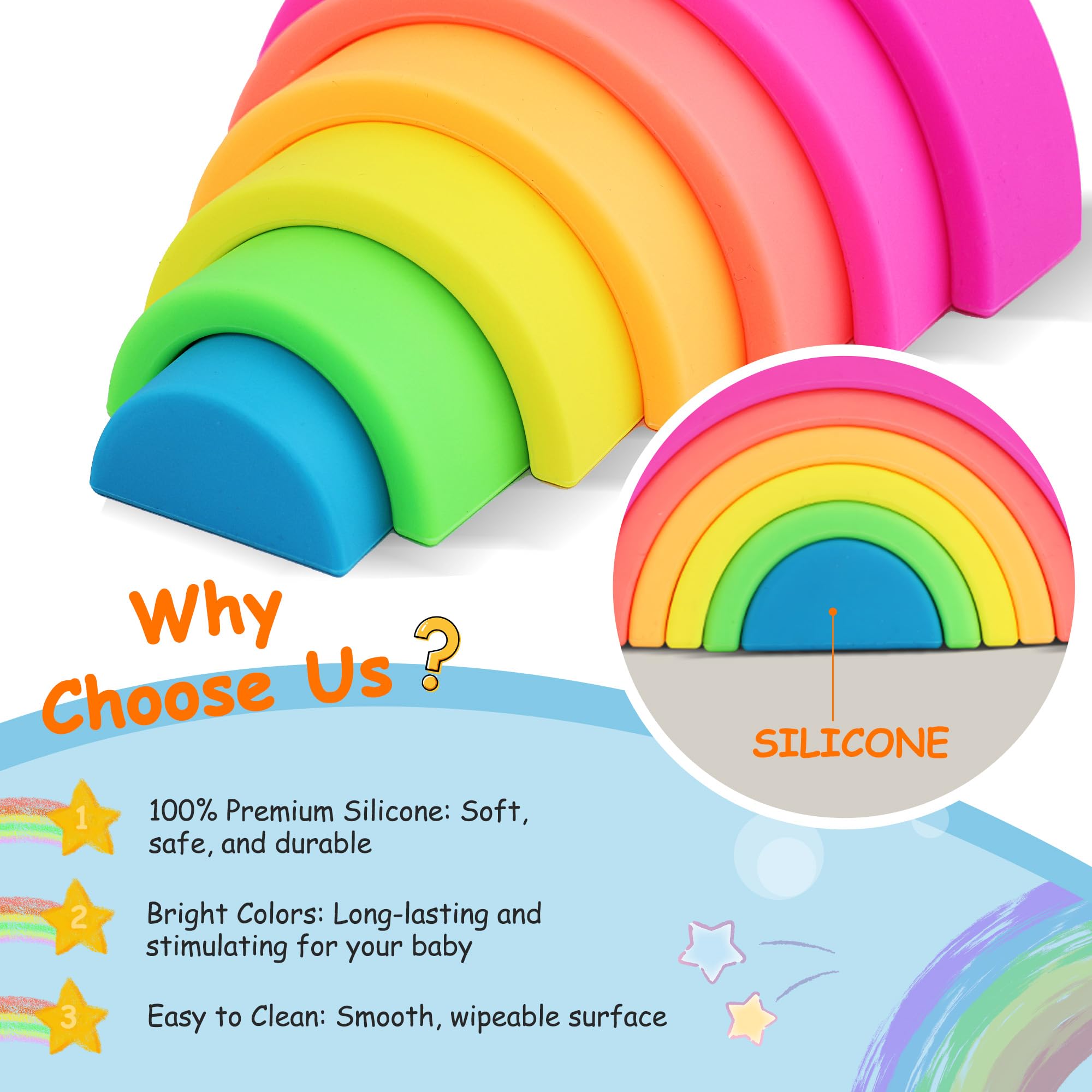ROHSCE soft, durable silicone for safe, toddler-friendly building.