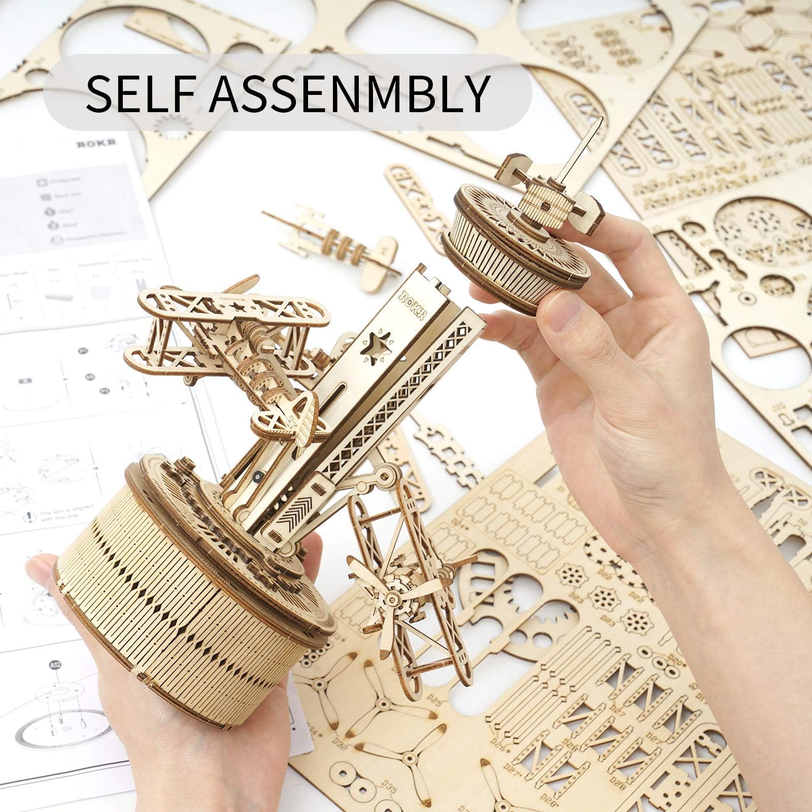 ROKR aircraft model kit with laser-cut plywood pieces, glue-free building.