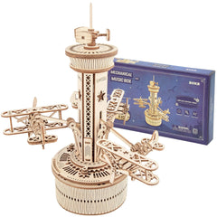 ROKR 3D wooden puzzle music box aircraft in flight enhances desk decor.