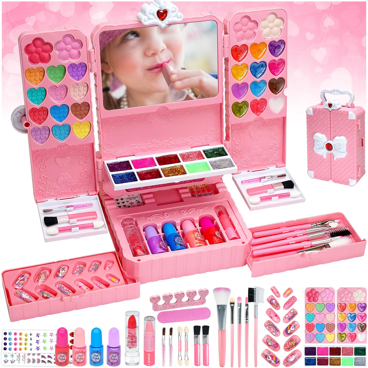 ROKKES Kids Makeup Kit with Mirror enables gentle, washable play and creative pretend makeup.