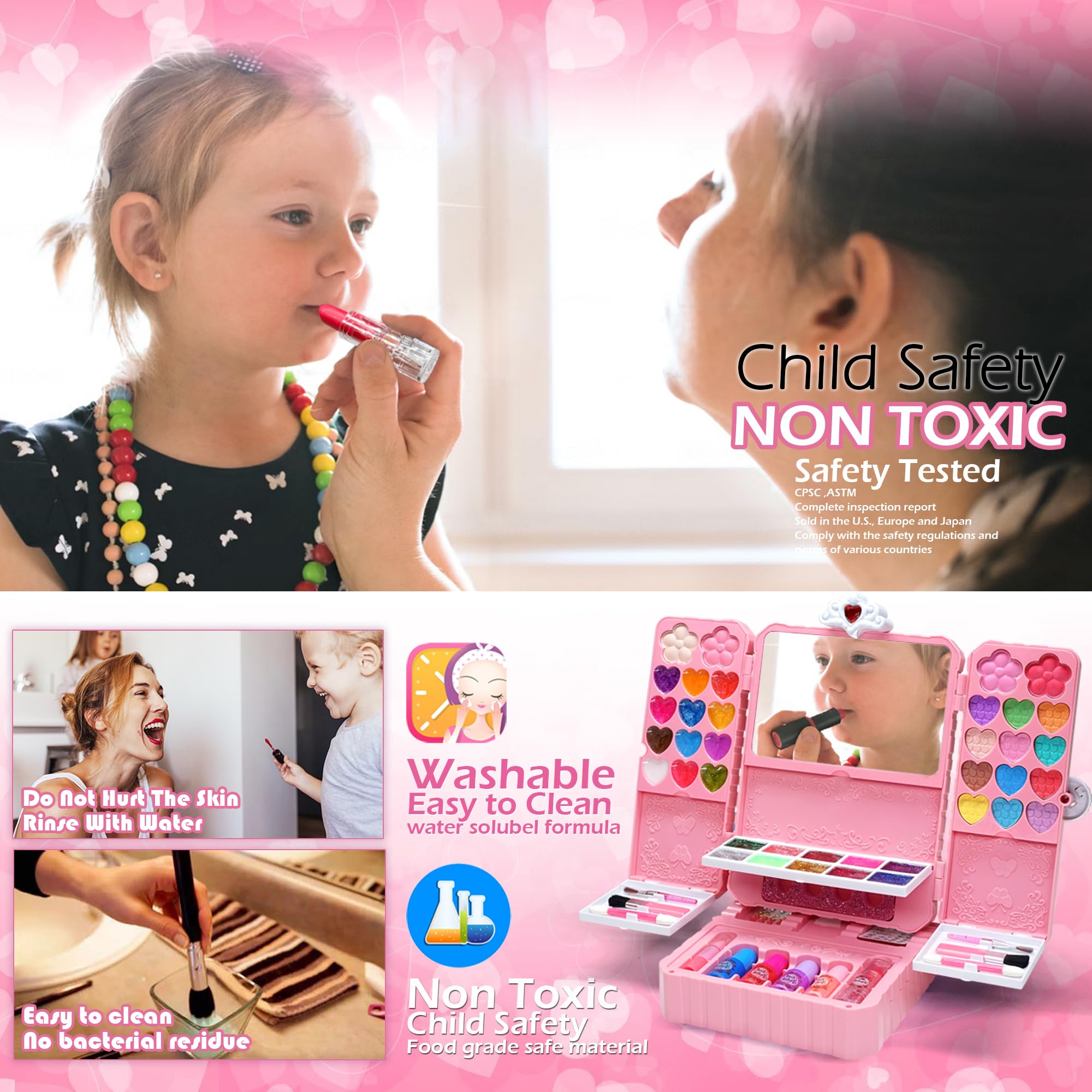 ROKKES Kids Makeup Kit tools showcase kid-friendly brushes for easy cleanup and play.
