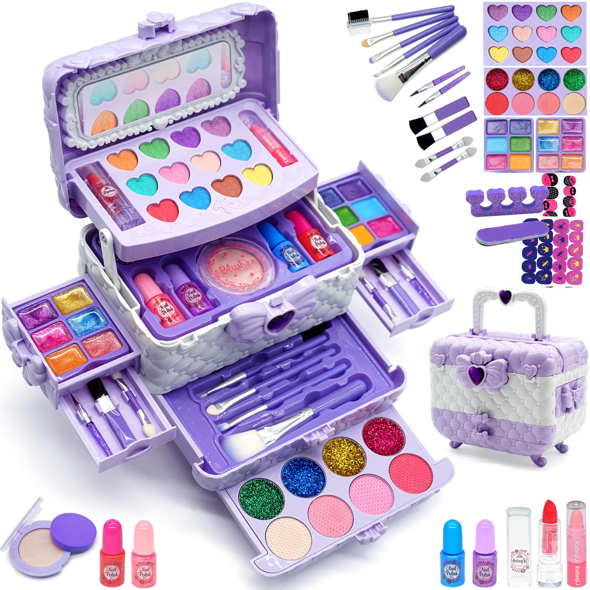 ROKKES kids makeup palette close-up with 32 colors for imaginative play