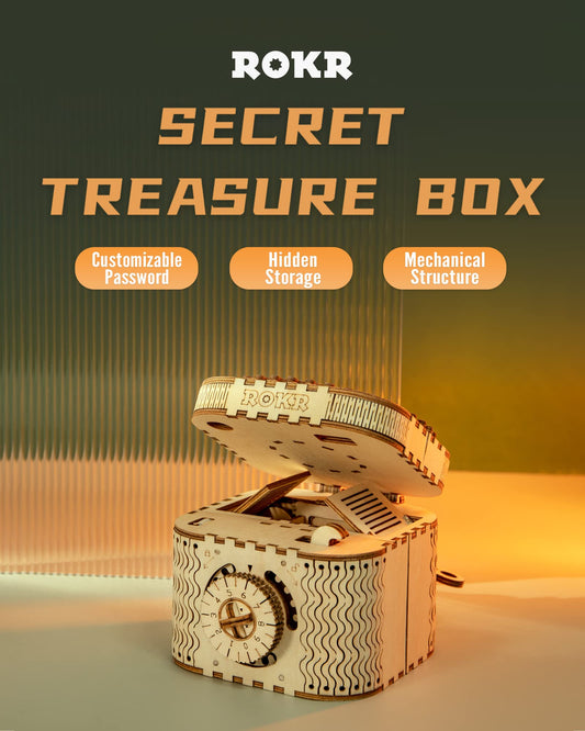 ROKR wooden treasure box open revealing inner tray and mechanism.