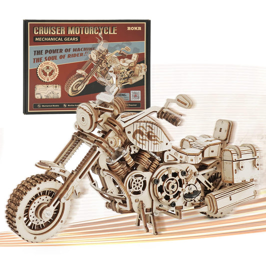 ROKR 3D motorcycle puzzle front view shows precise laser-cut pieces for adults.