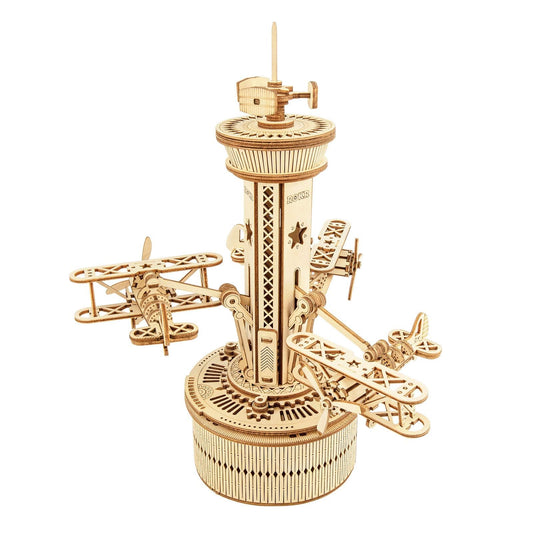 ROKR 3D puzzle airplane tower music box spins when wound, creating a nostalgic desk display