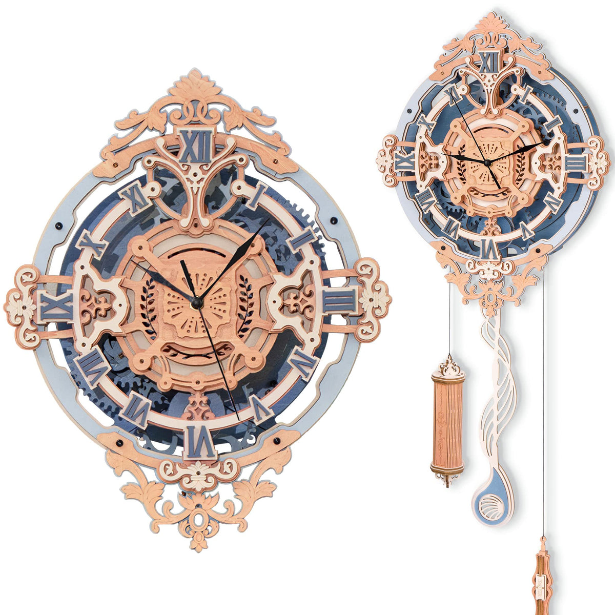ROKR 3D puzzle clock assembly inside shows precision woodworking for adults