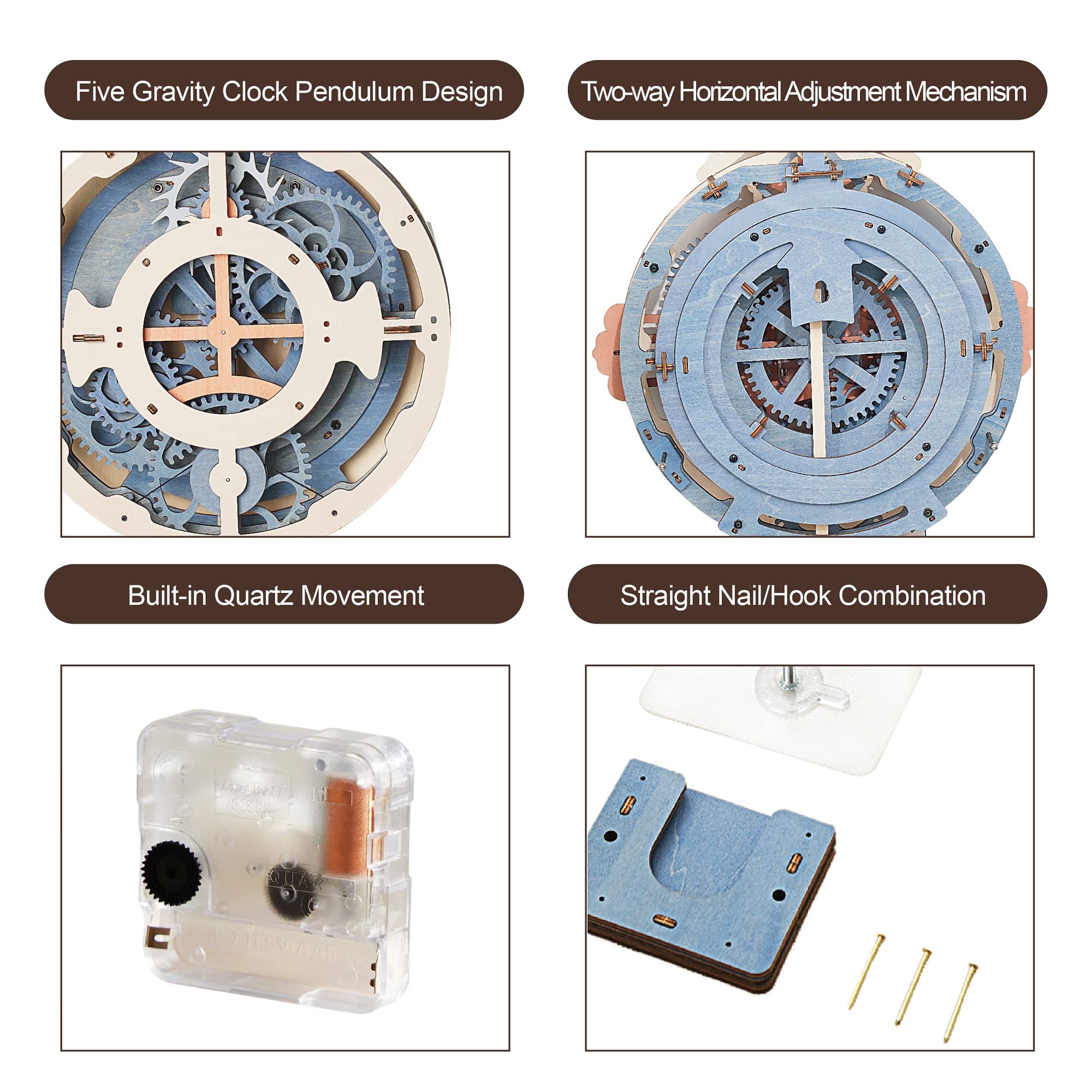 ROKR 3D puzzle clock parts layout highlighting modular construction