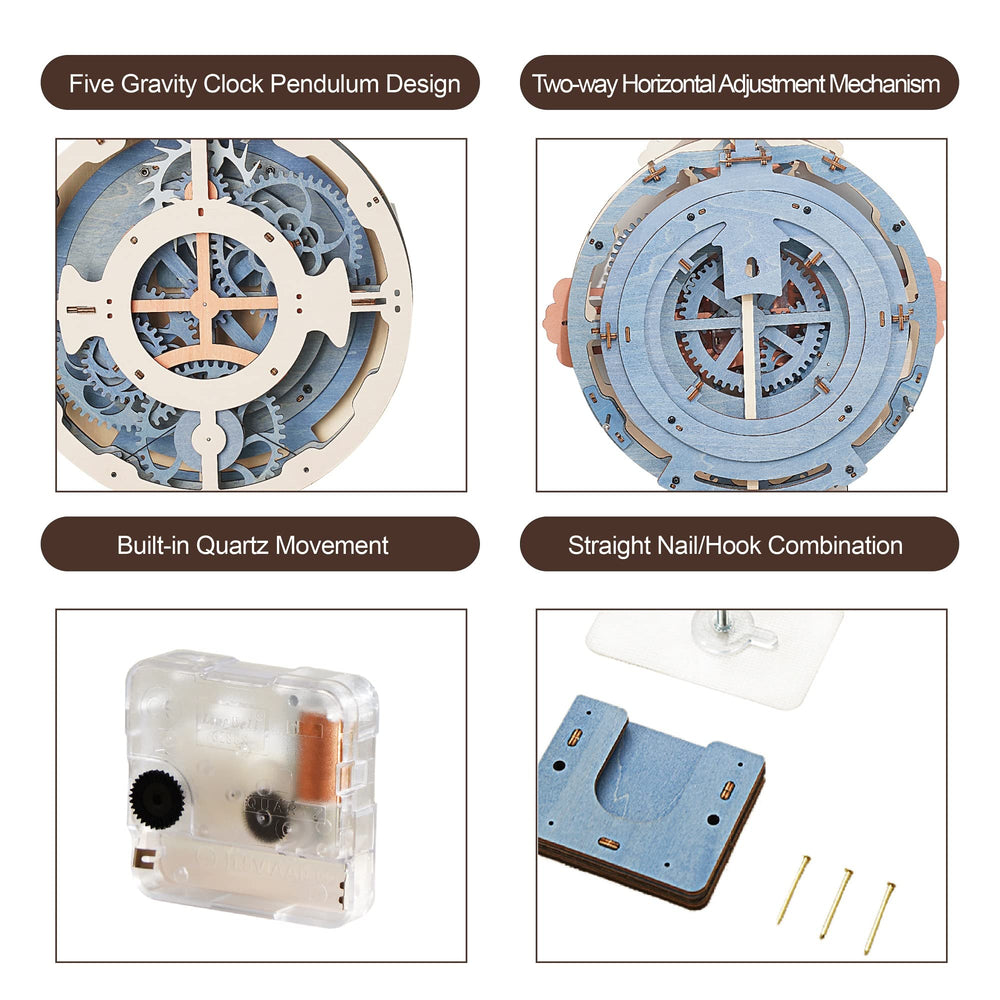 ROKR 3D puzzle clock parts layout highlighting modular construction