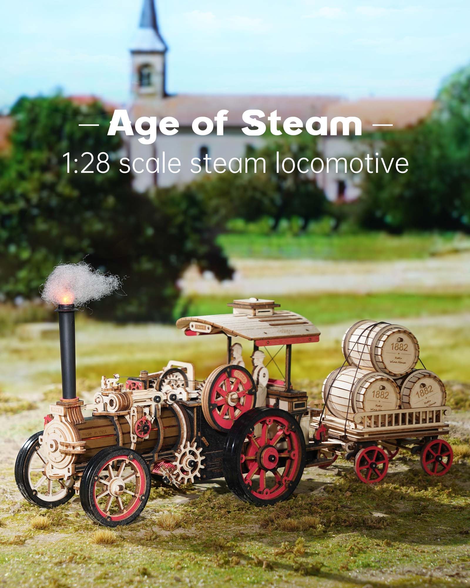 ROKR 3D puzzle electric steam locomotive trailer for assembly practice and display.
