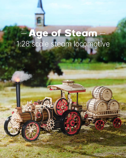 ROKR 3D puzzle electric steam locomotive trailer for assembly practice and display.