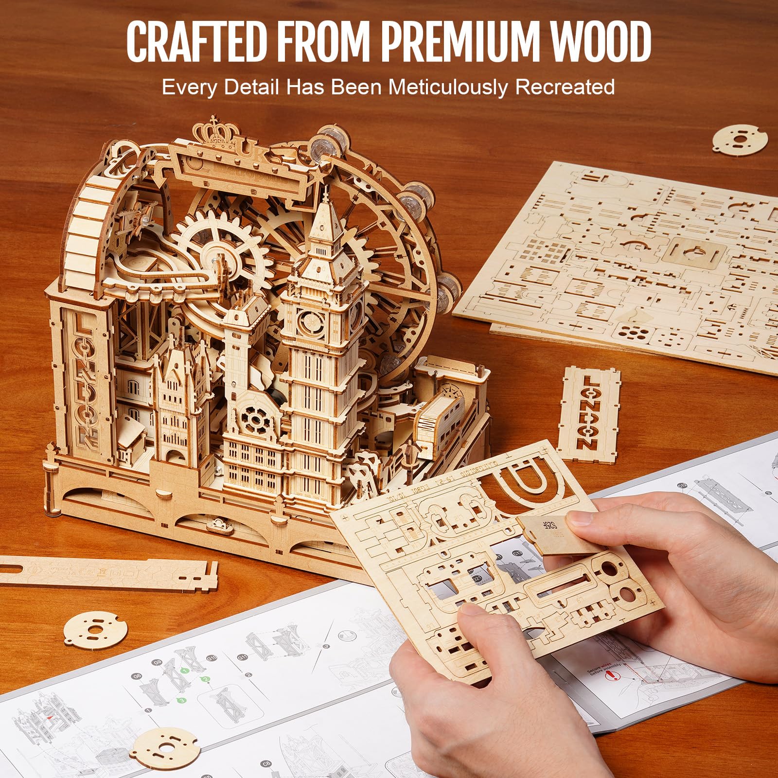 ROKR 3D puzzle Laser-cut assembly steps emphasize durable mortise-tenon fit.