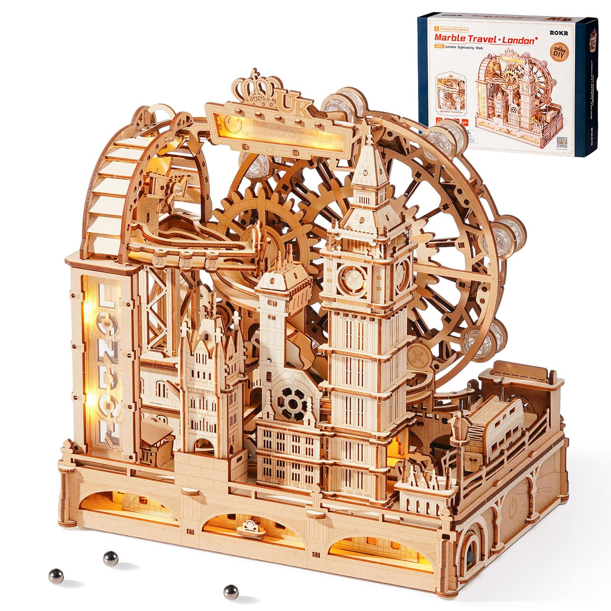 ROKR 3D puzzle London marble run front view shows precise laser-cut pieces for adults.