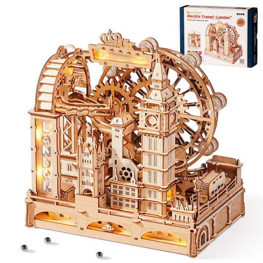 ROKR 3D puzzle London marble run front view shows precise laser-cut pieces for adults.