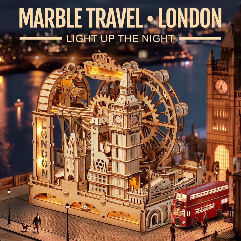 ROKR 3D puzzle London marble run Tower Bridge view demonstrates gravity-driven marble paths.