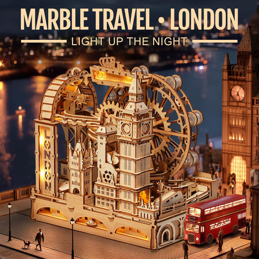 ROKR 3D puzzle London marble run Tower Bridge view demonstrates gravity-driven marble paths.