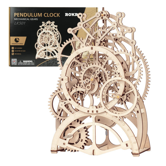 ROKR 3D wooden pendulum clock puzzle gears in motion for a captivating desk display