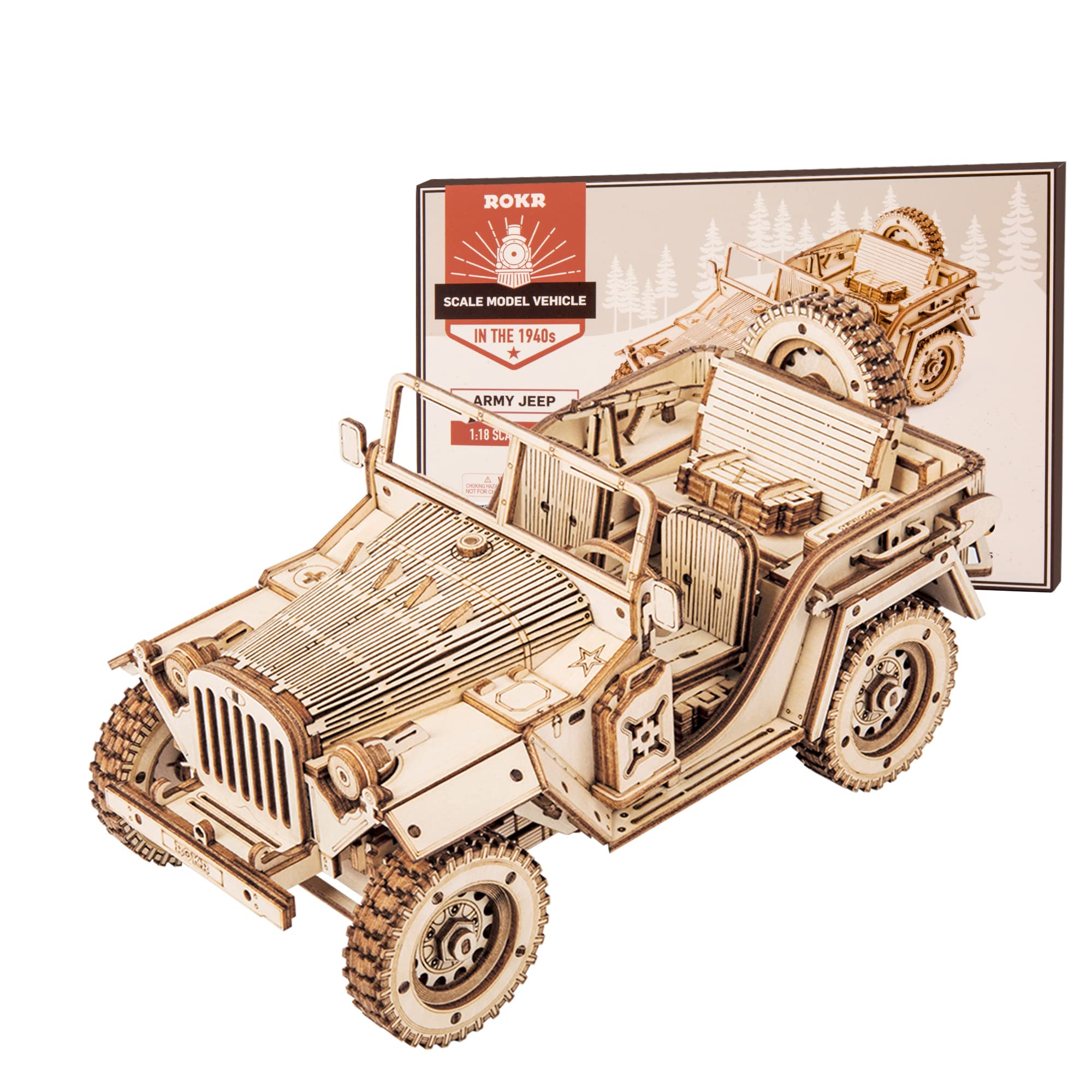 ROKR 3D wooden puzzle army field car 1:18 scale for a striking display piece
