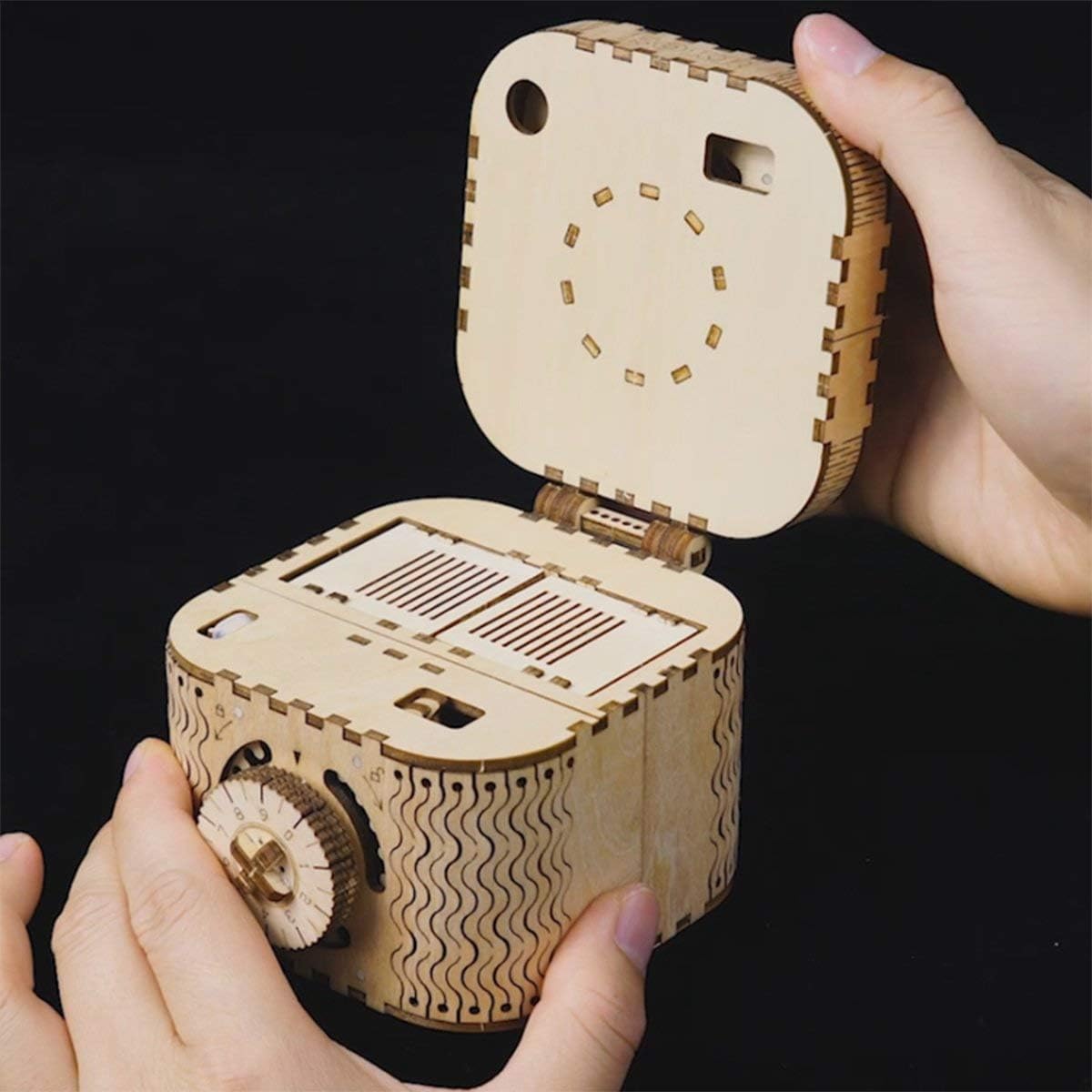 ROKR 3D wooden puzzle box bottom engraving shows password entry steps.