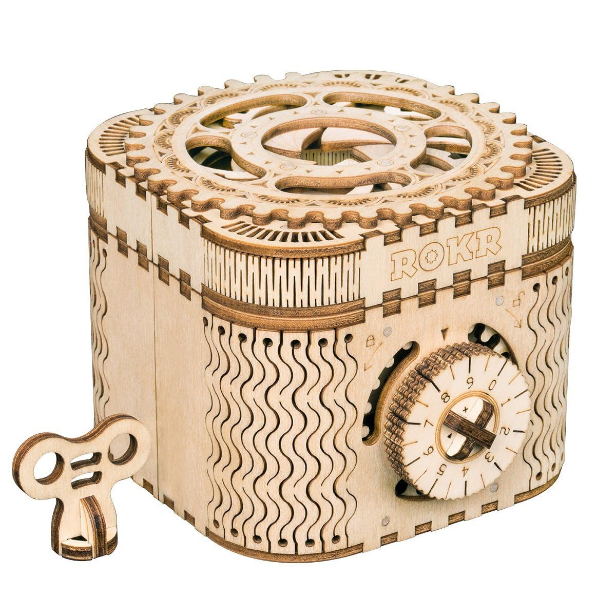 ROKR 3D wooden puzzle box front view demonstrates password mechanism.