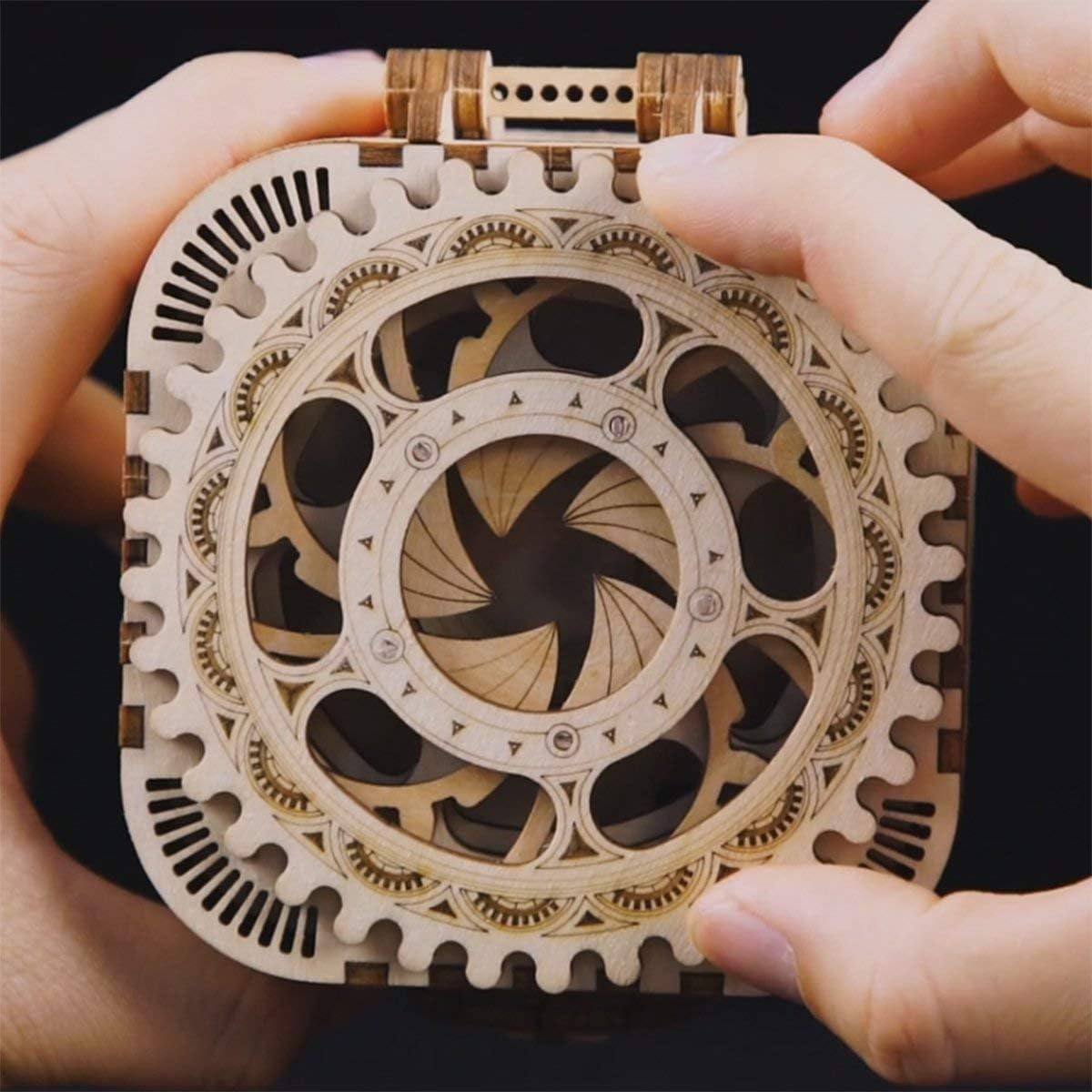 ROKR 3D wooden puzzle box top gear detail reveals hidden compartment access.