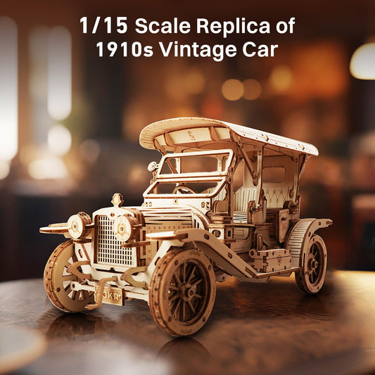 ROKR 3D wooden puzzle car kit side view reveals precise vintage silhouette